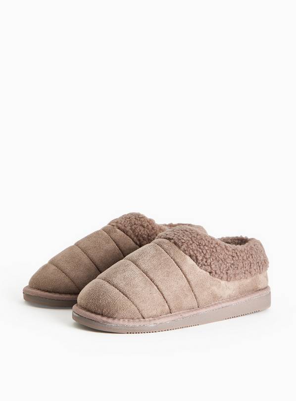 Brown Quilted Borg Lined Platform Mule Slippers S
